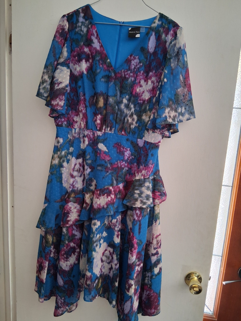 Maison Tara Blue Floral V‑Neck Ruffle Midi Dress